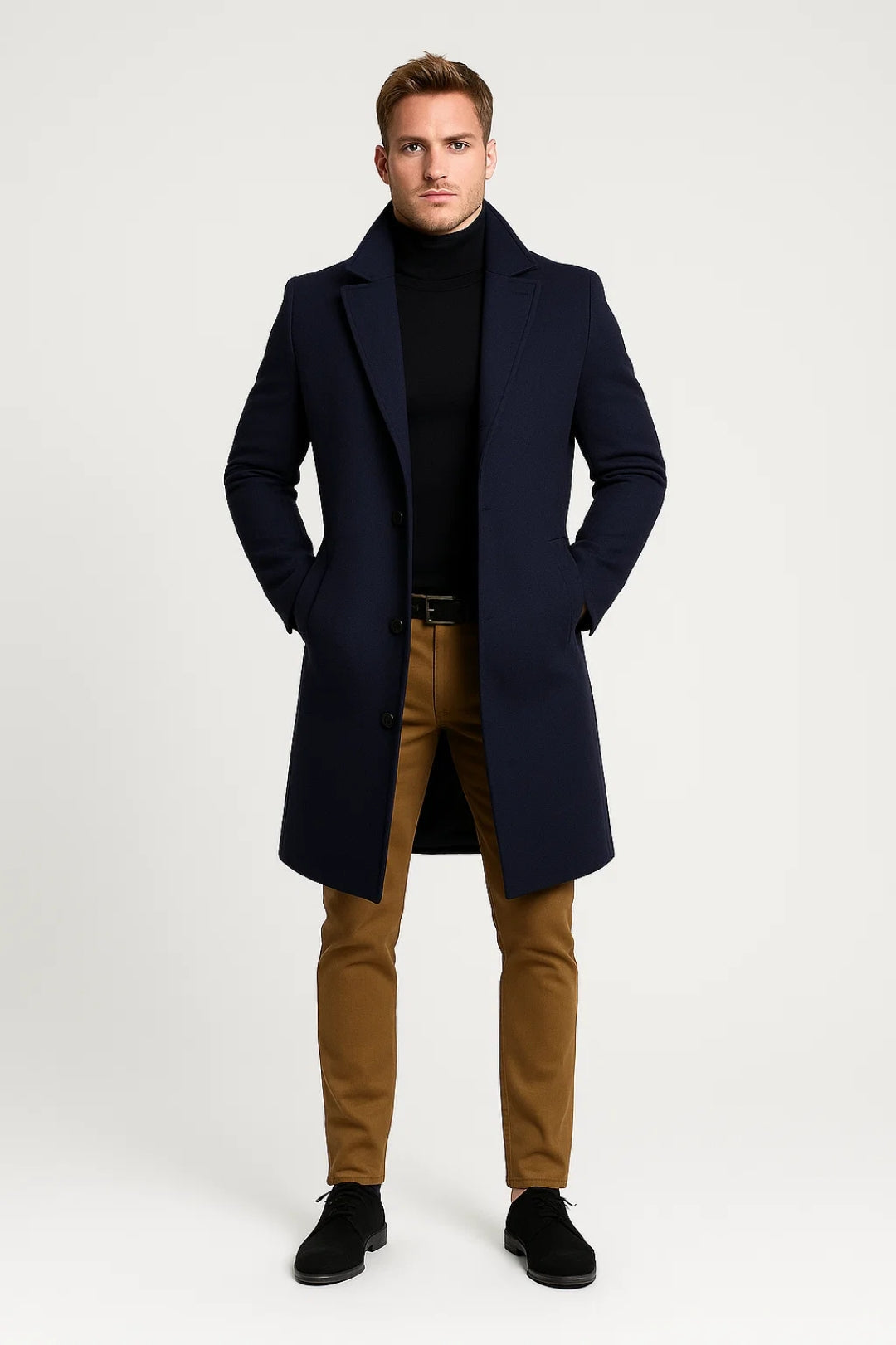 Stylish men's classic long winter coat (jas) with lapel, providing warm and elegant outerwear for men.