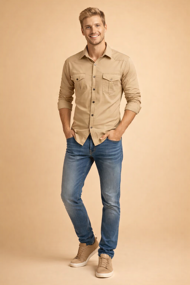 Stylish men's long-sleeve button-down shirt, a classic choice for a polished, versatile look.