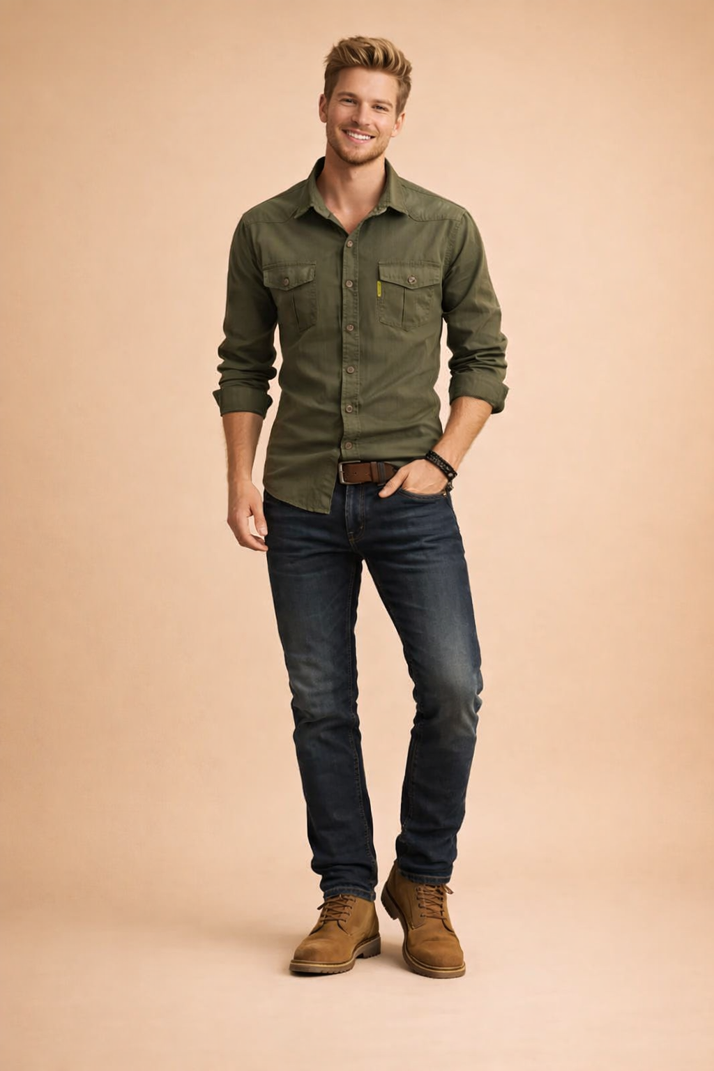 Comfortable men's solid color button-down shirt, great for casual or business casual style.