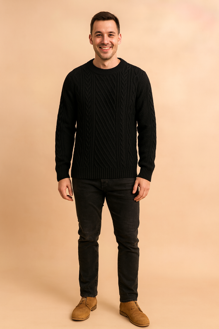 Men's classic long sleeve cable knit sweater in cozy natural fiber, perfect for versatile fall & winter fashion.