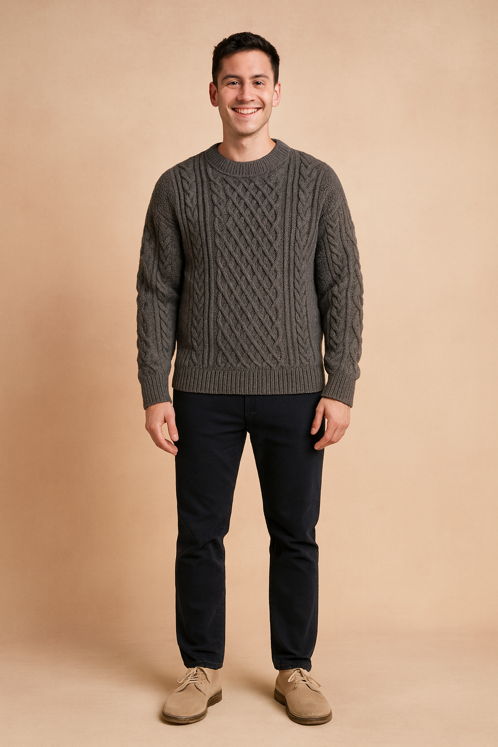 Warm men's cable knit pullover, a cozy long sleeve sweater for winter wear & everyday comfort.