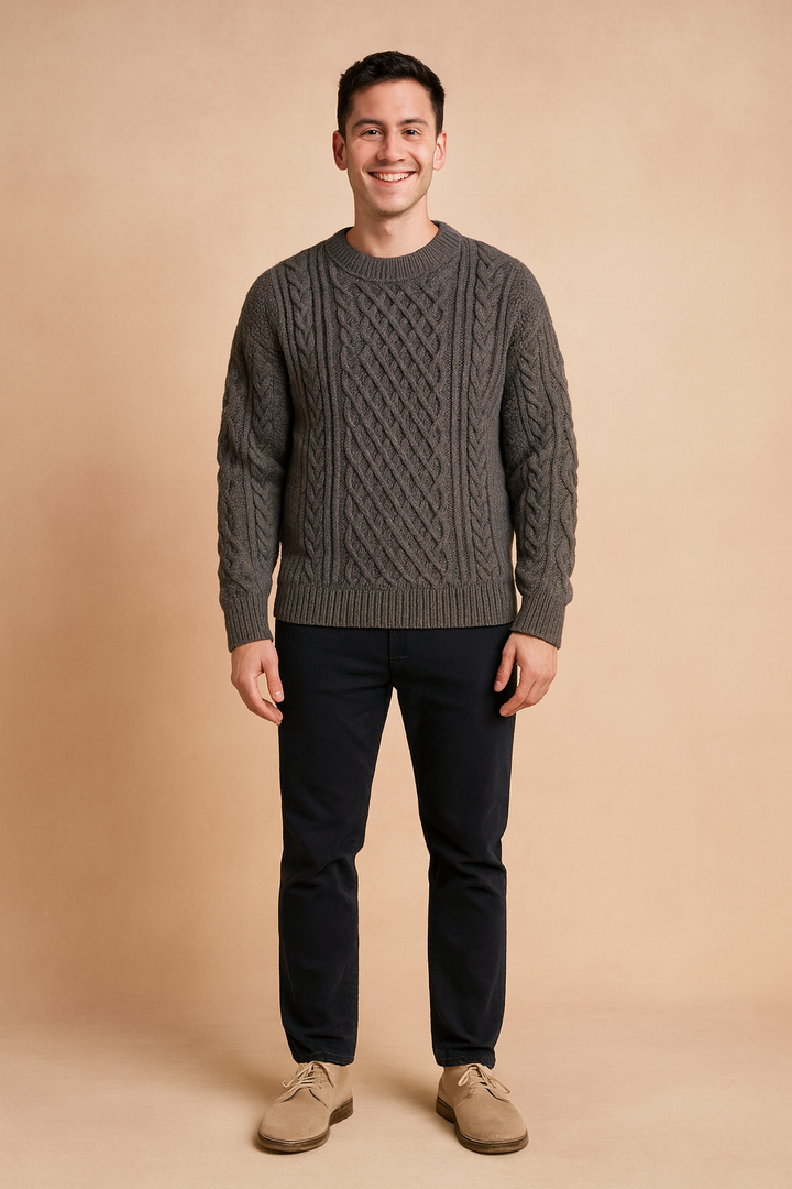 Warm men's cable knit pullover, a cozy long sleeve sweater for winter wear & everyday comfort.