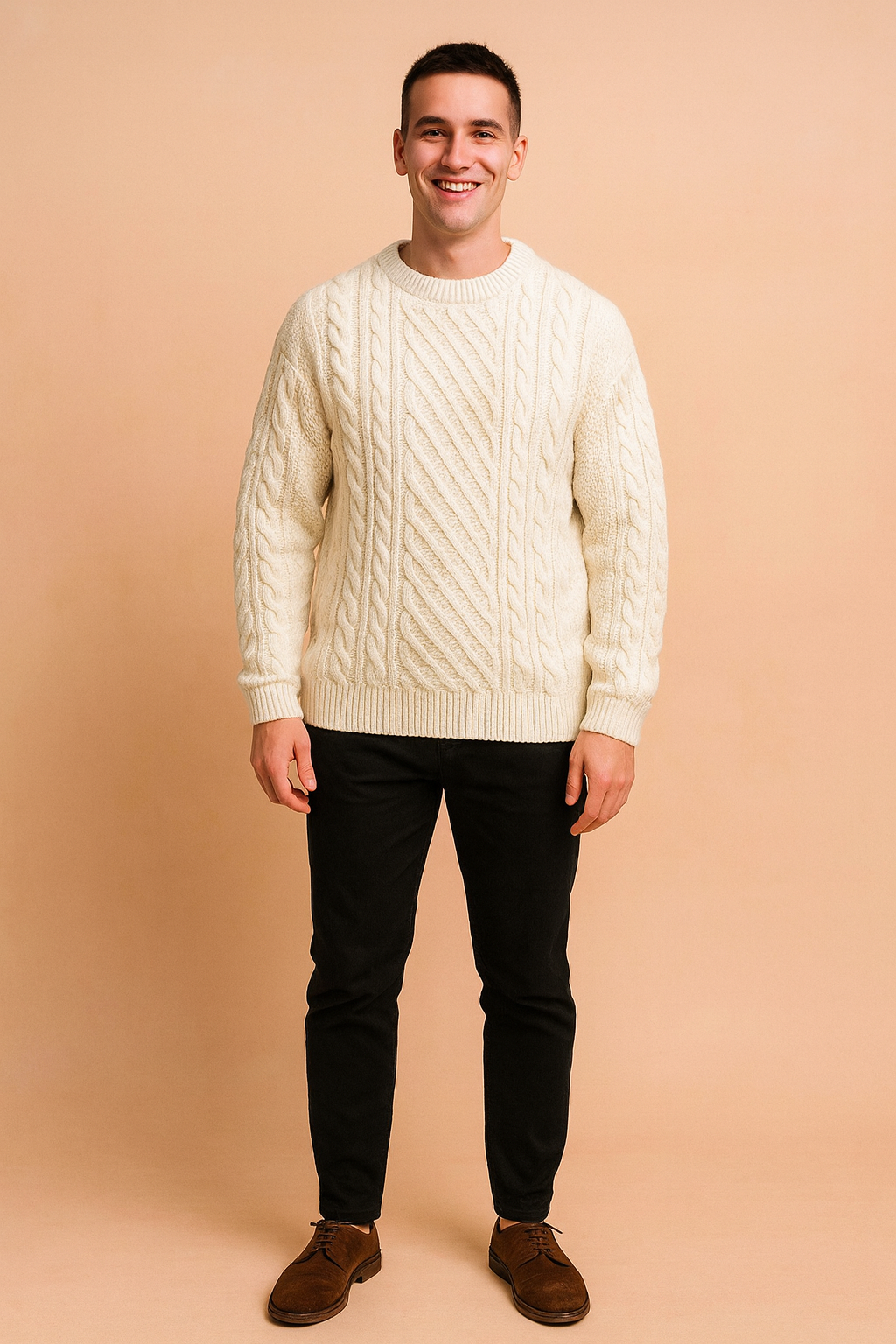 Stylish men's classic cable knit sweater, a long sleeve pullover in soft, chunky knit for fall fashion.