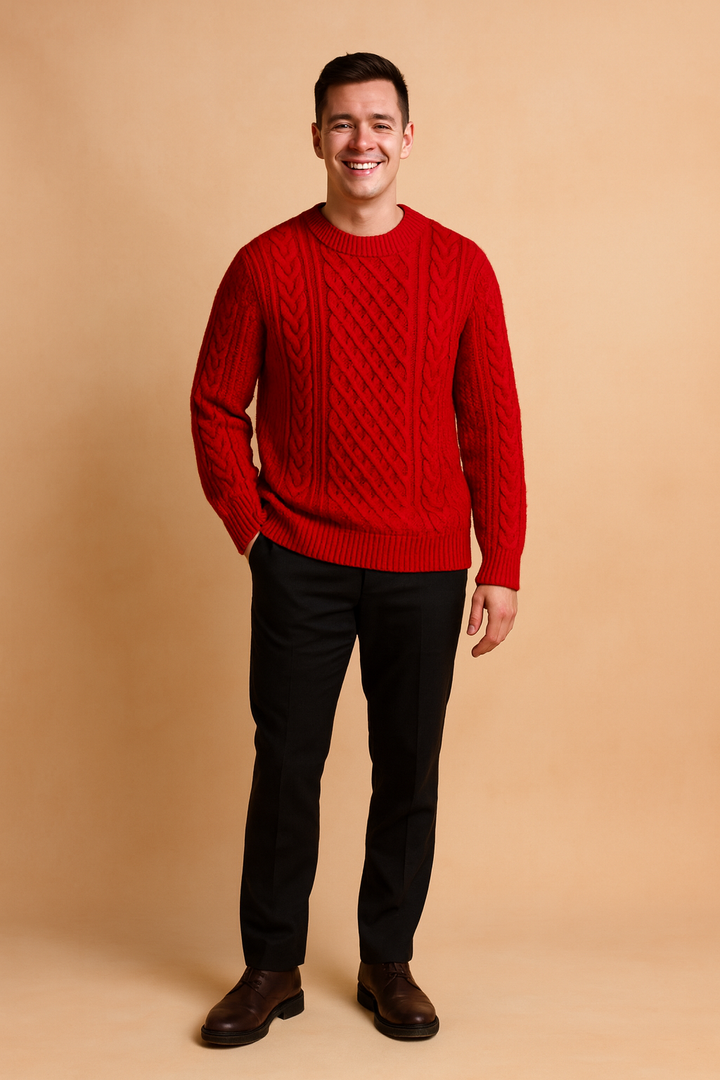 Versatile men's long sleeve cable knit sweater, a classic pullover knitwear essential for winter wardrobe.