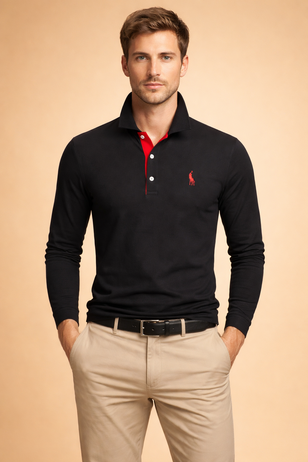 Men's classic long sleeve polo shirt, perfect for versatile everyday casual and smart casual wear.