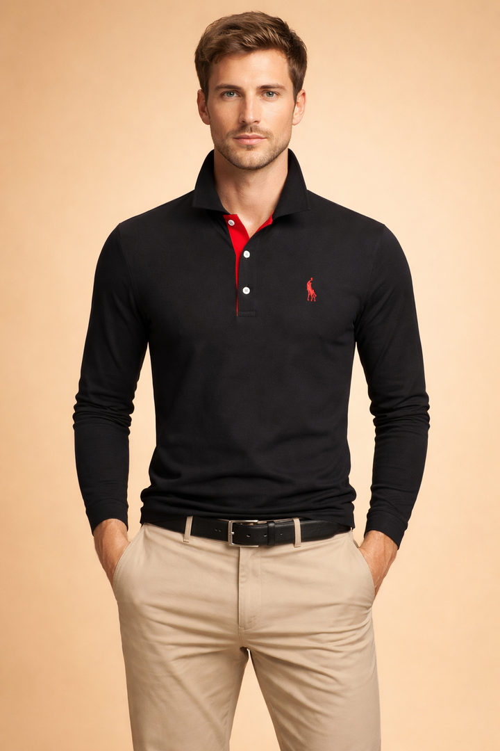 Men's classic long sleeve polo shirt, perfect for versatile everyday casual and smart casual wear.