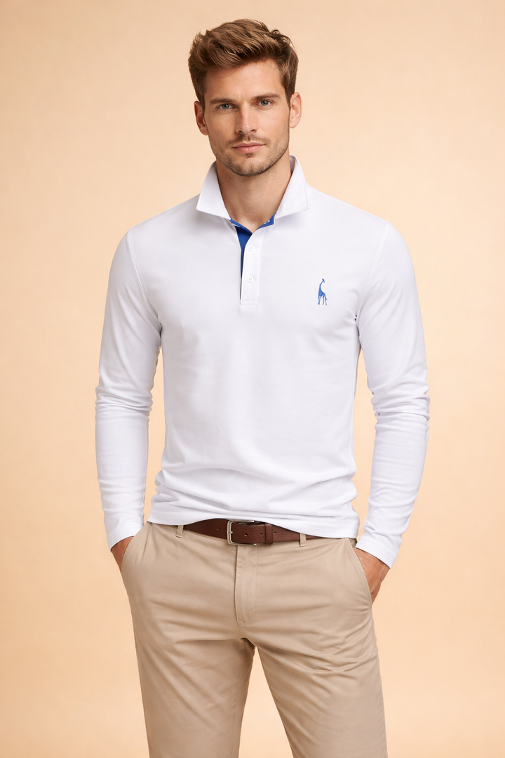 Tailored fit men's long sleeve polo shirt, a classic and comfortable everyday top for men's fashion.