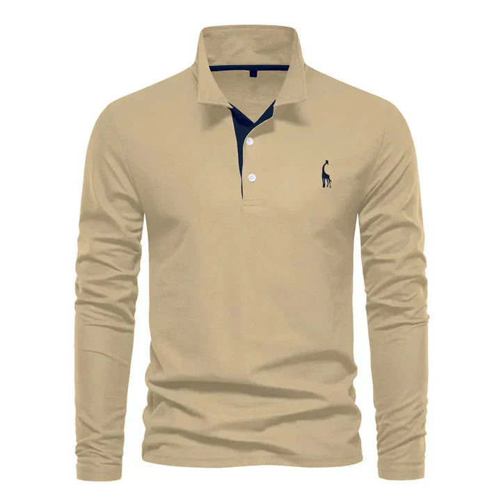 Man wearing a classic long-sleeved polo shirt, great for a smart casual look or everyday comfort.