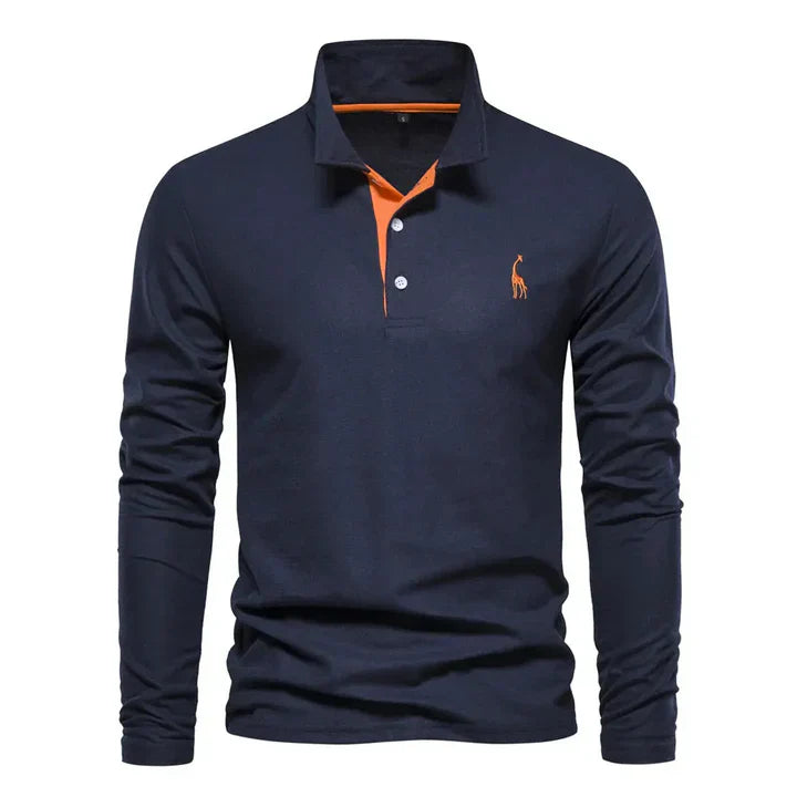 Elegant men's long-sleeve polo, a casual collared shirt suitable for various occasions.