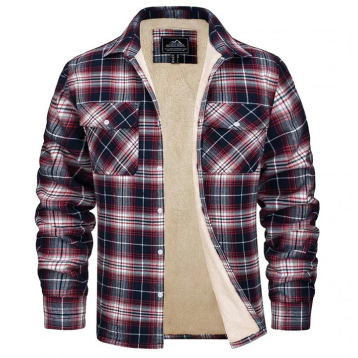 Warm men's winter jacket with a classic plaid pattern, offering all-season comfort in cold weather.