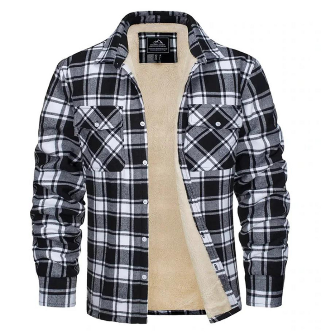 Closeup of a men's classic plaid winter jacket fabric, showcasing its warm and durable texture.
