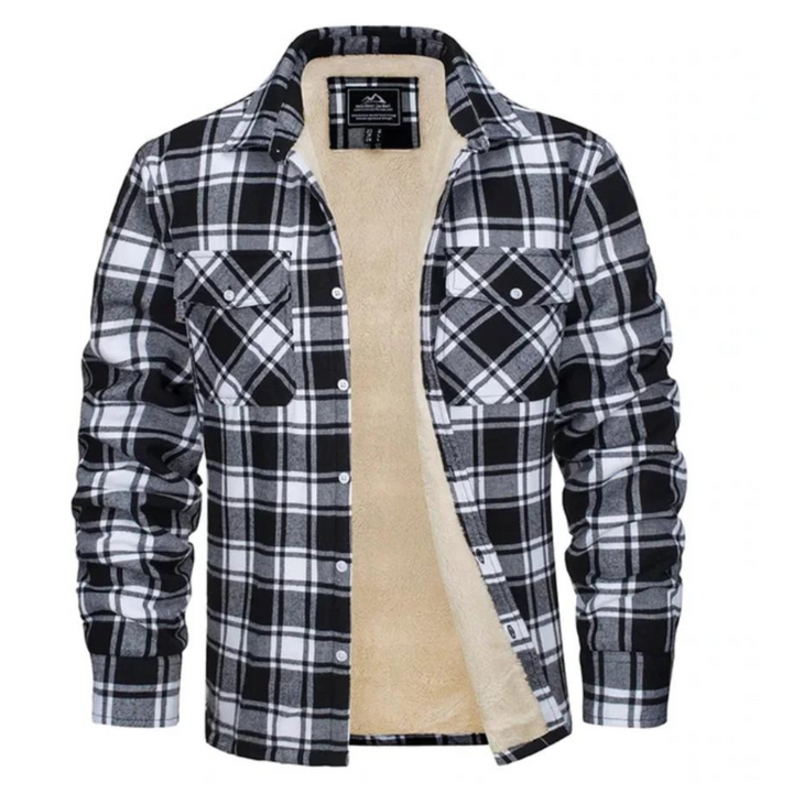 Closeup of a men's classic plaid winter jacket fabric, showcasing its warm and durable texture.
