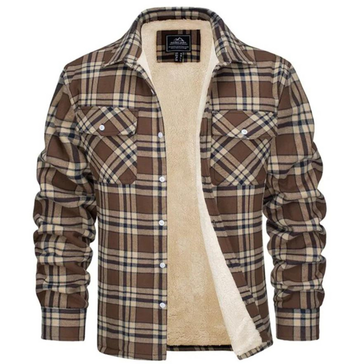 Man wearing a cozy men's plaid winter jacket outdoors, looking stylish and ready for cold weather.
