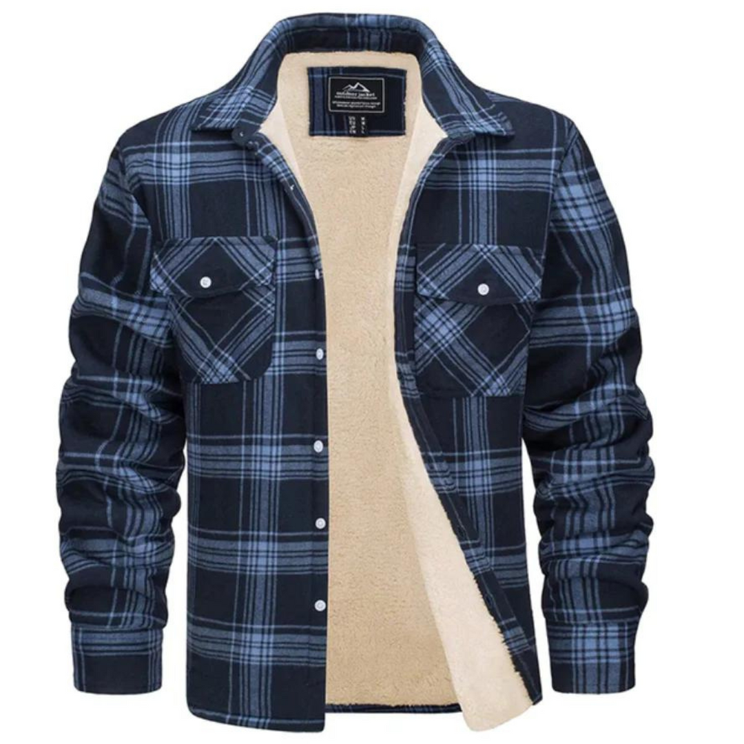 Classic plaid pattern on a men's warm winter jacket, ideal for stylish men seeking cold weather outerwear.