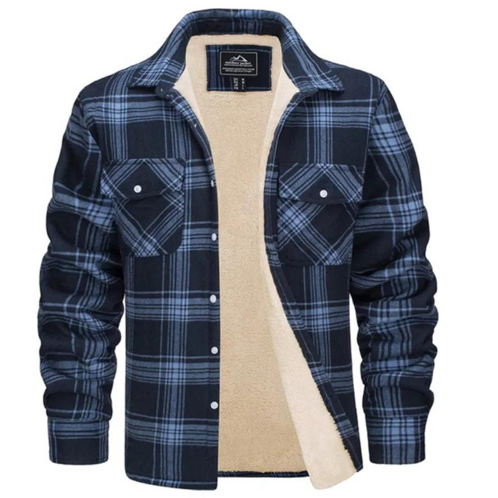 Classic plaid pattern on a men's warm winter jacket, ideal for stylish men seeking cold weather outerwear.