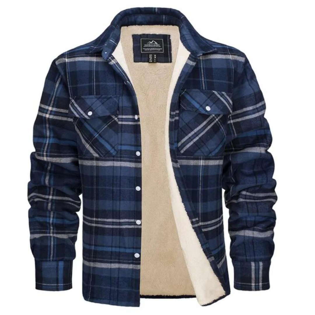 Men's durable plaid winter jacket featuring a warm collar & practical pockets, essential cold weather outerwear.