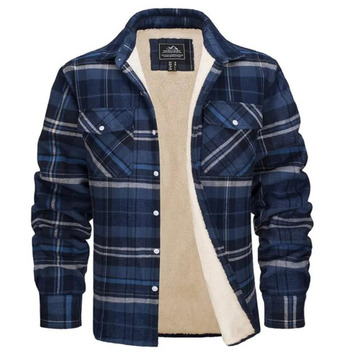 Men's durable plaid winter jacket featuring a warm collar & practical pockets, essential cold weather outerwear.