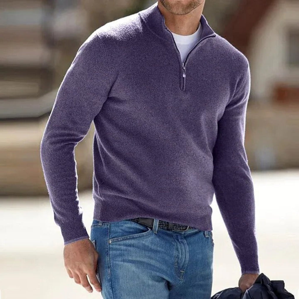 Man wearing a classic men's quarter zip sweater, showcasing its versatility for daily wear & smart casual fashion.