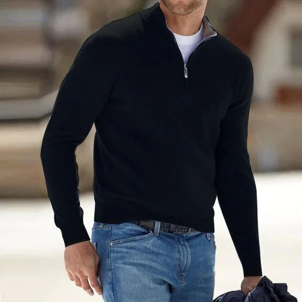 Full shot of a men's long sleeve zipper sweater, offering comfort, versatility, and classic style for men's fashion.