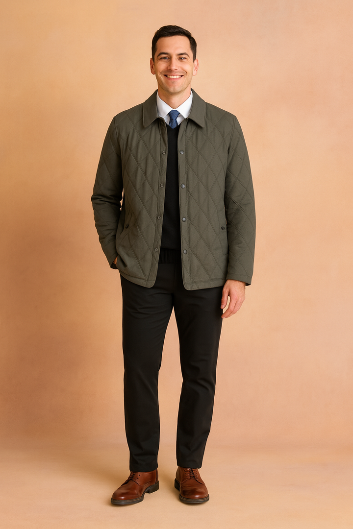 Men's classic quilted diamond winter jacket with button closure. Ideal for cold weather & smart casual style.