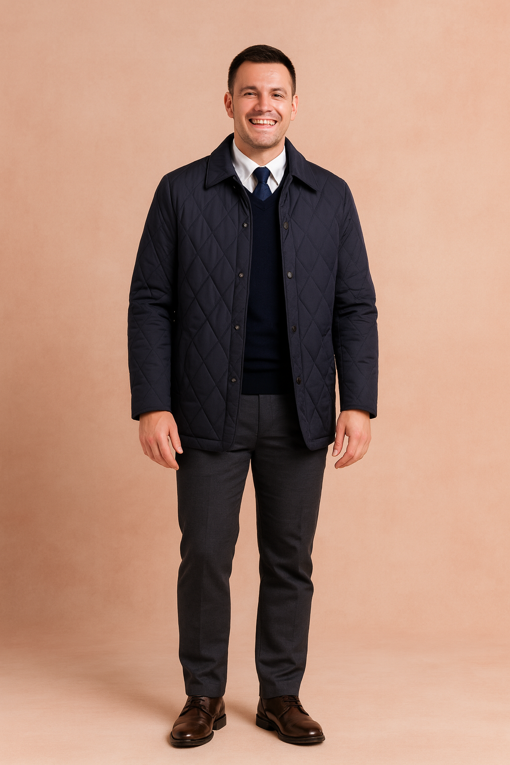 Stylish men's quilted winter jacket, diamond pattern, button closure & zippered pockets. Perfect cold weather outerwear.