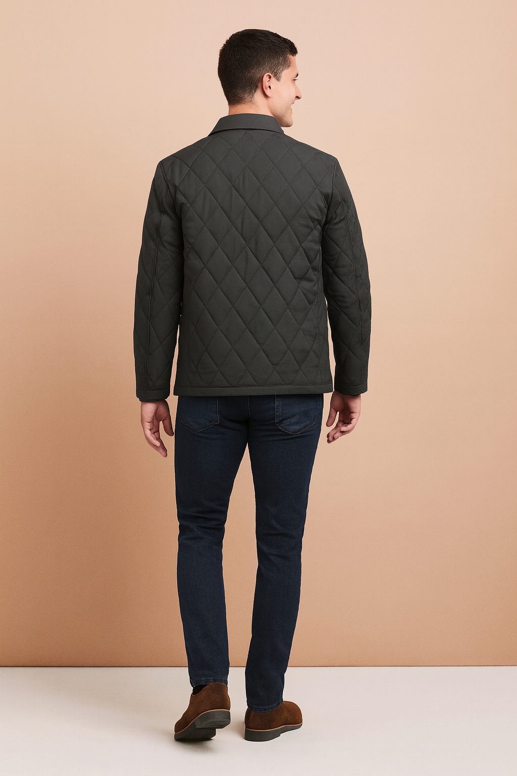 Classic men's diamond quilted jacket for winter. Smart casual outerwear with button front & practical zippered pockets.