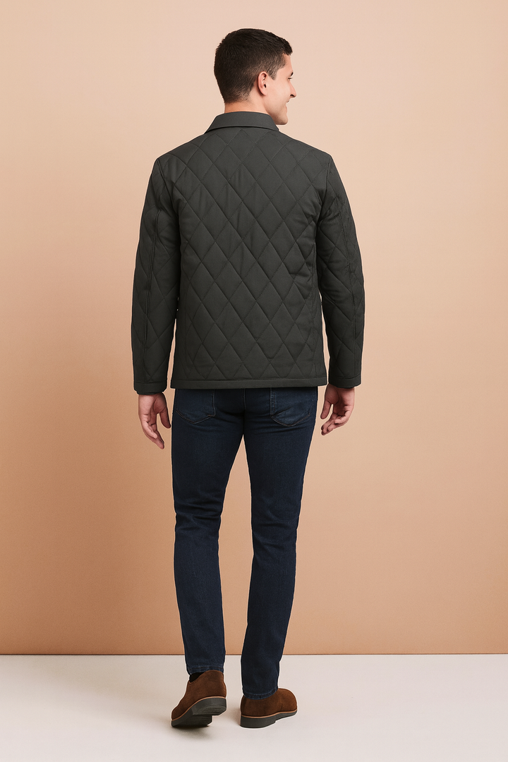 Classic men's diamond quilted jacket for winter. Smart casual outerwear with button front & practical zippered pockets.