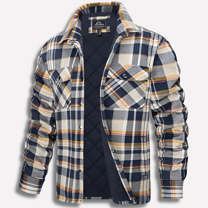 Men's classic red & black plaid lumberjack shirt. Long sleeve button-down, ideal for fall casual wear & outdoor adventures.