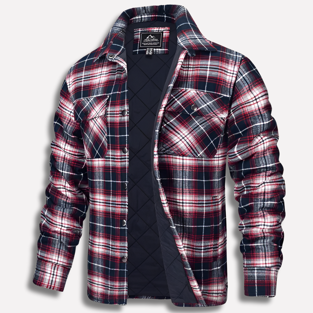 Men's classic red & black plaid lumberjack shirt. Long sleeve, button-down for casual outdoor style and fall fashion.