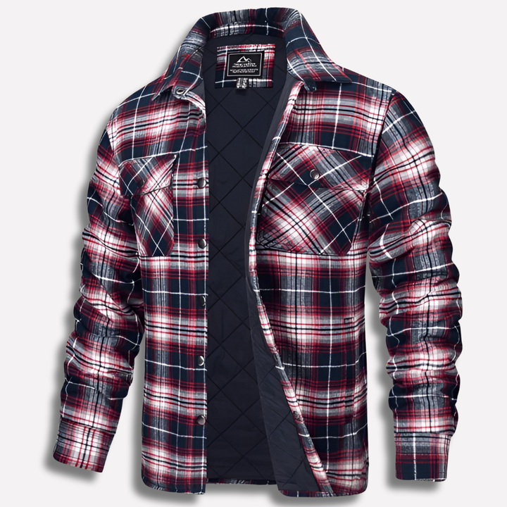 Men's classic red & black plaid lumberjack shirt. Long sleeve, button-down for casual outdoor style and fall fashion.