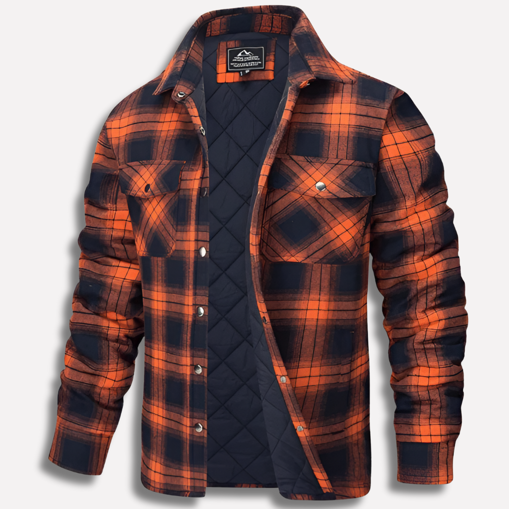 Men's lumberjack plaid shirt, long sleeve, button-down. Checked casual workwear for fall & spring fashion.