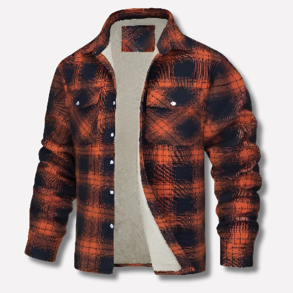 Man wearing a classic red & black plaid lumberjack shirt. Long sleeve, ideal for outdoor casual wear & fall style.