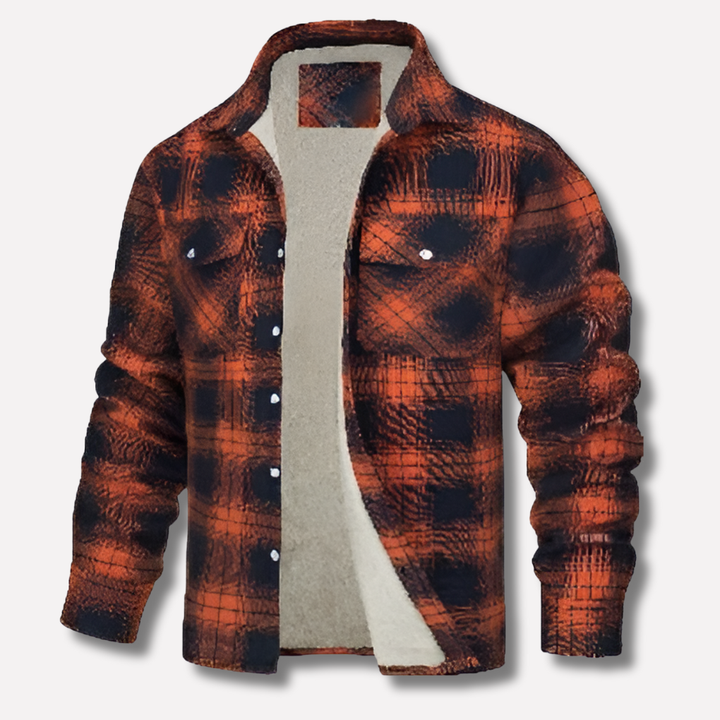 Man wearing a classic red & black plaid lumberjack shirt. Long sleeve, ideal for outdoor casual wear & fall style.