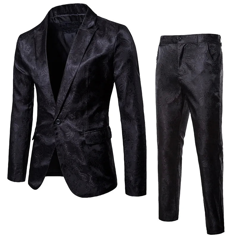 Men's classic slim fit two-piece suit set in a dark color, ideal for business, weddings, and formal occasions.