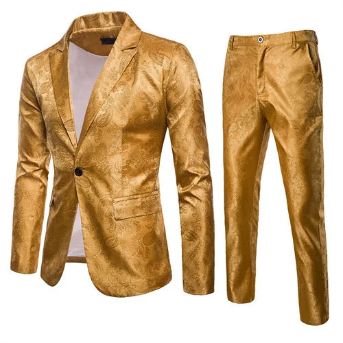 Sharp slim fit men's two-piece suit with a structured blazer and modern trousers for contemporary formal wear.