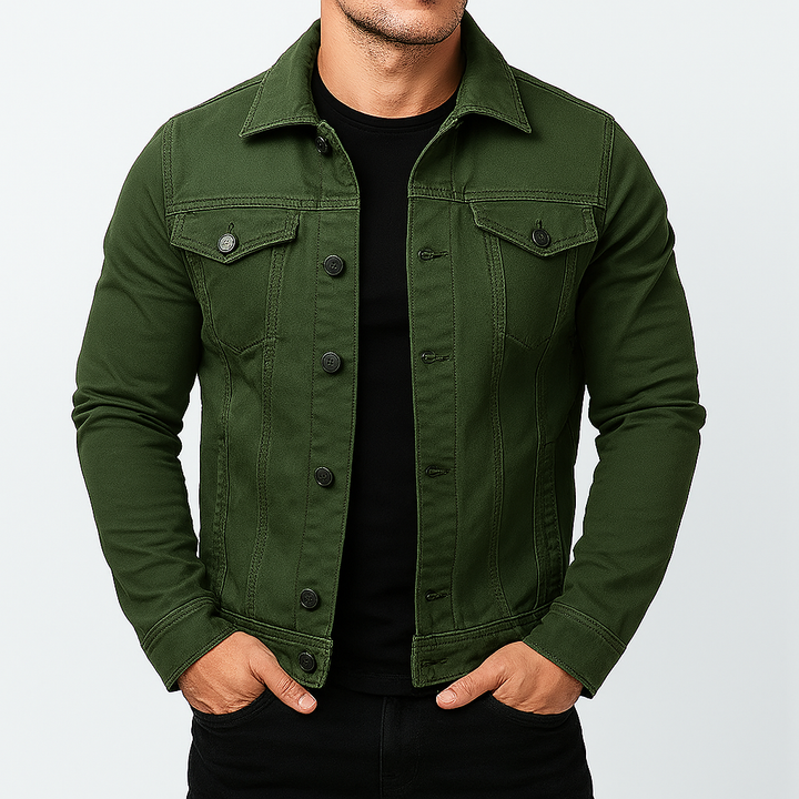 Men's classic solid blue denim jacket for versatile everyday casual wear and streetwear. Comfortable spring/autumn outerwear.
