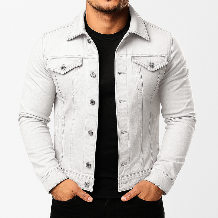 Model wearing a stylish men's solid denim jacket, perfect for versatile everyday layering and a classic casual look.