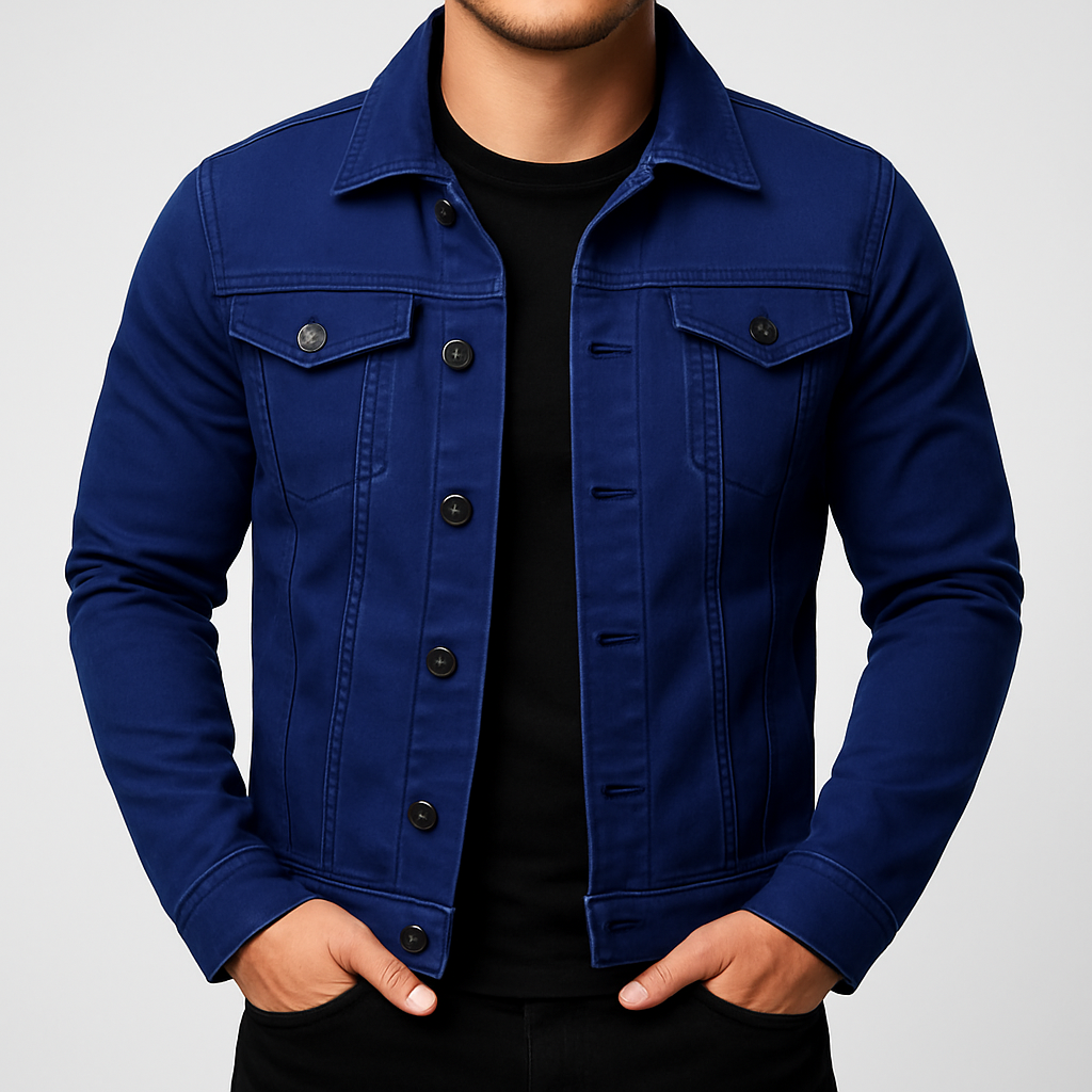 Comfortable solid blue denim jacket for men, ideal outerwear for versatile spring and autumn fashion. Classic casual style.