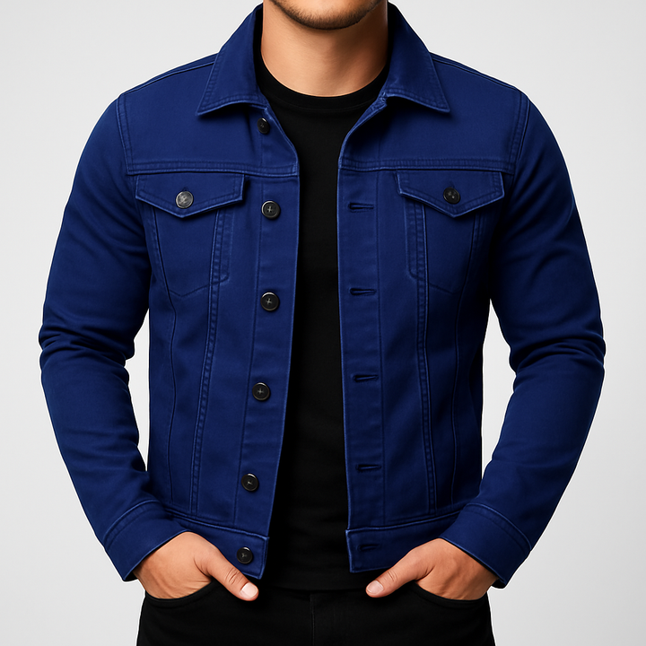 Comfortable solid blue denim jacket for men, ideal outerwear for versatile spring and autumn fashion. Classic casual style.