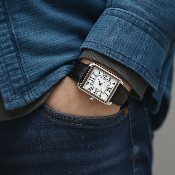 Men's classic square dress watch, retro analog style with an adjustable strap, perfect for formal wear.