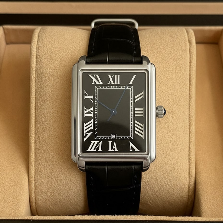 Stylish men's classic square dress watch on a table, a retro analog timepiece ready for a formal event.