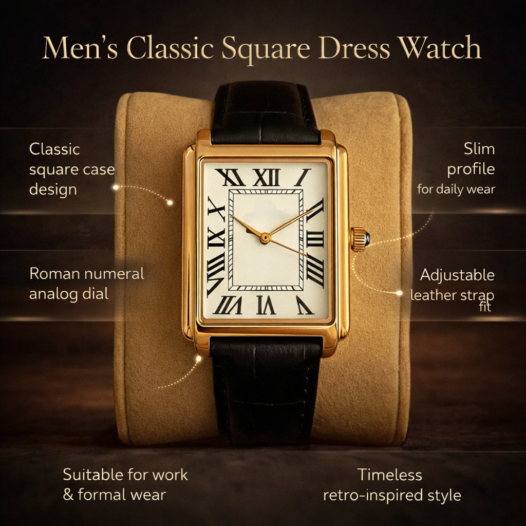 Men's square dress watch worn on wrist, displaying retro analog style, ideal for business and daily wear.