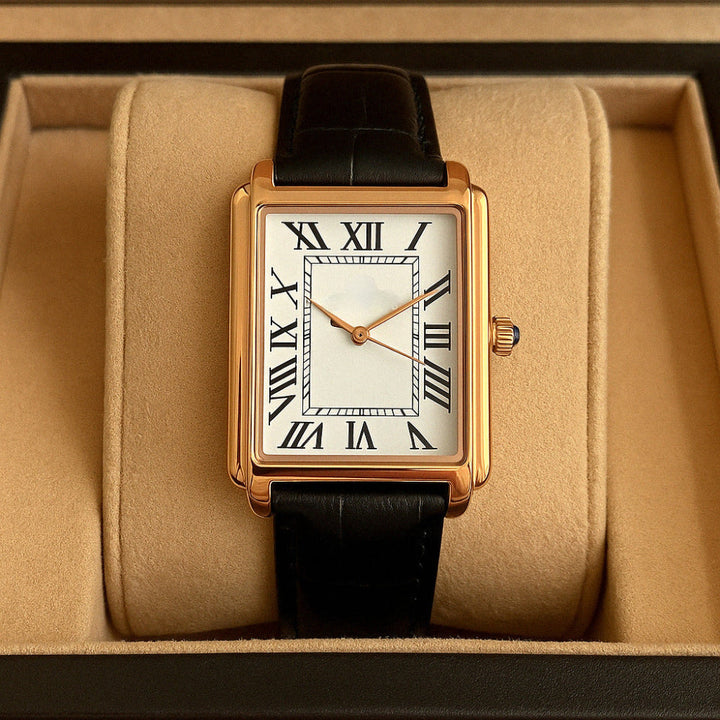 Side view of men's square dress watch, showcasing its classic retro analog style and sleek profile.
