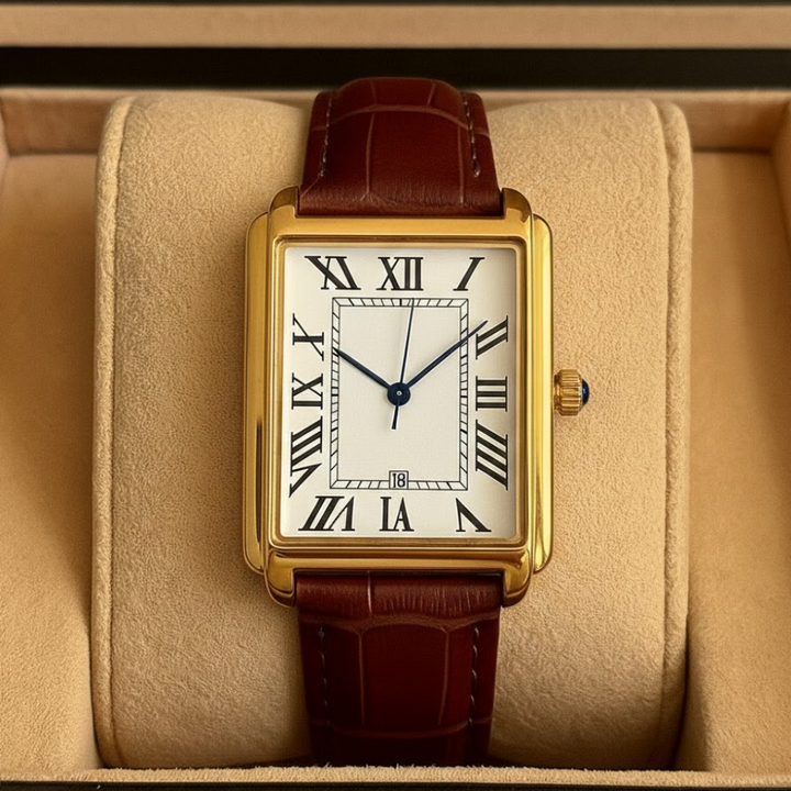 Assortment of men's square retro analog dress watches, displaying various classic adjustable strap options.
