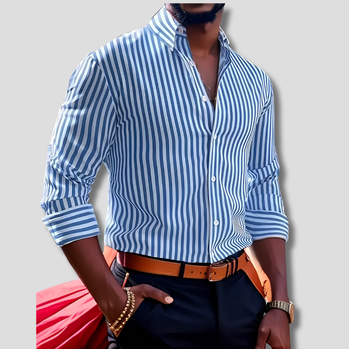 Stylish men's striped shirt, perfect for office wear. Easy care fabric, a timeless addition to men's fashion.