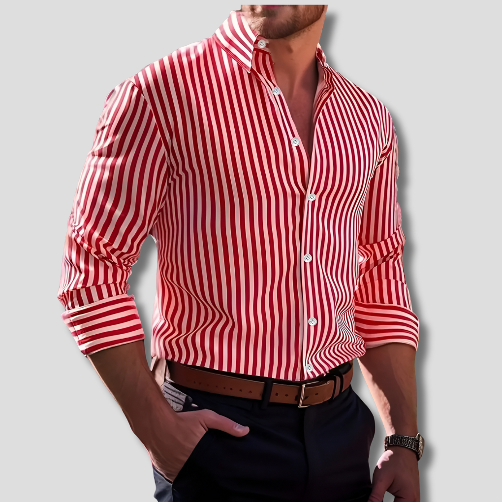 Versatile men's long-sleeve striped shirt. Easily transitions from casual outings to formal events.