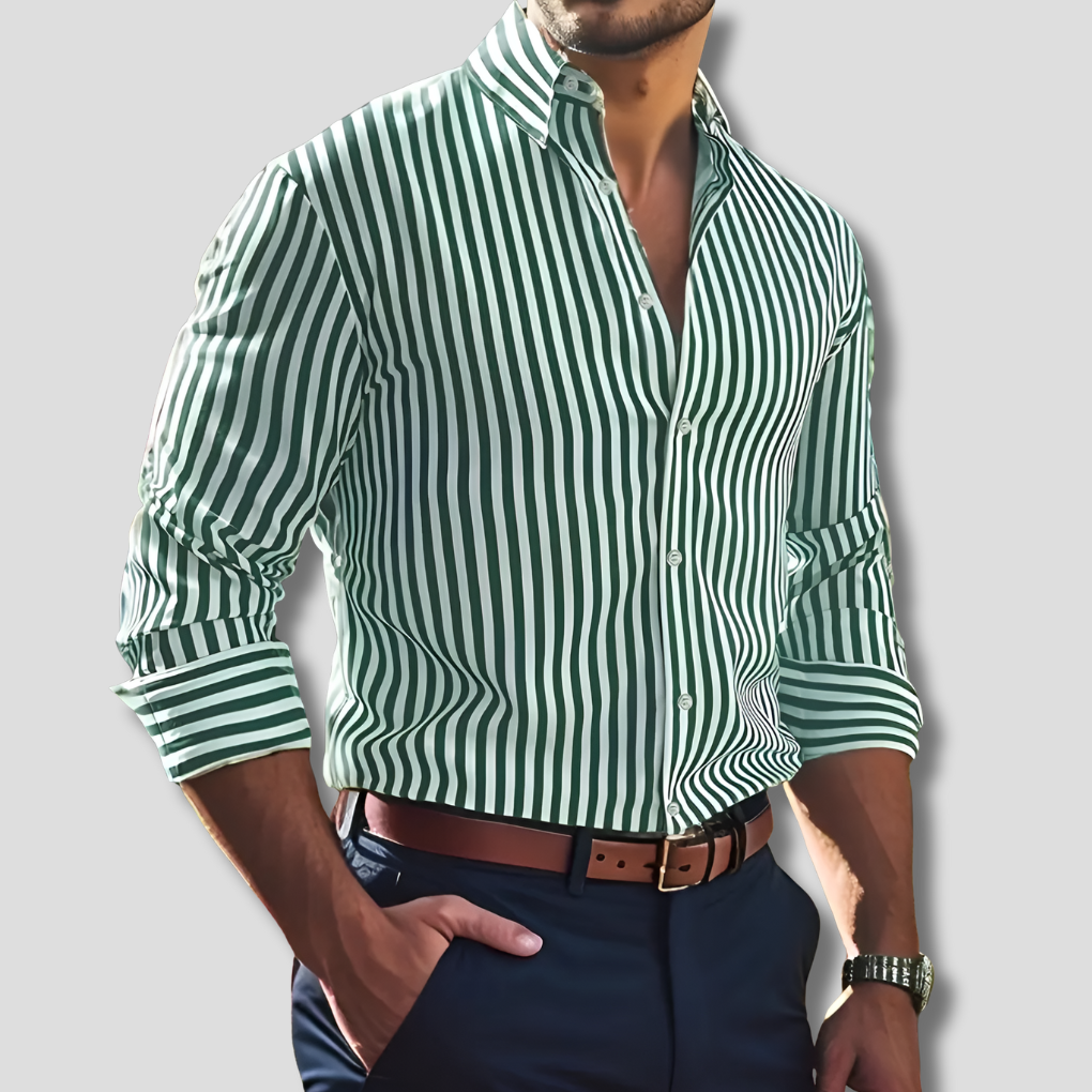 Elegant men's striped long-sleeve shirt. Classic pattern, comfortable for all-day wear. A versatile top.