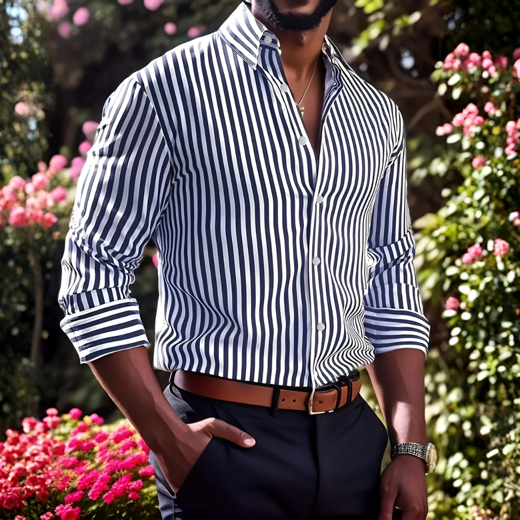 Fashionable men's striped long-sleeve shirt, ideal for all occasions. Classic style for modern men.