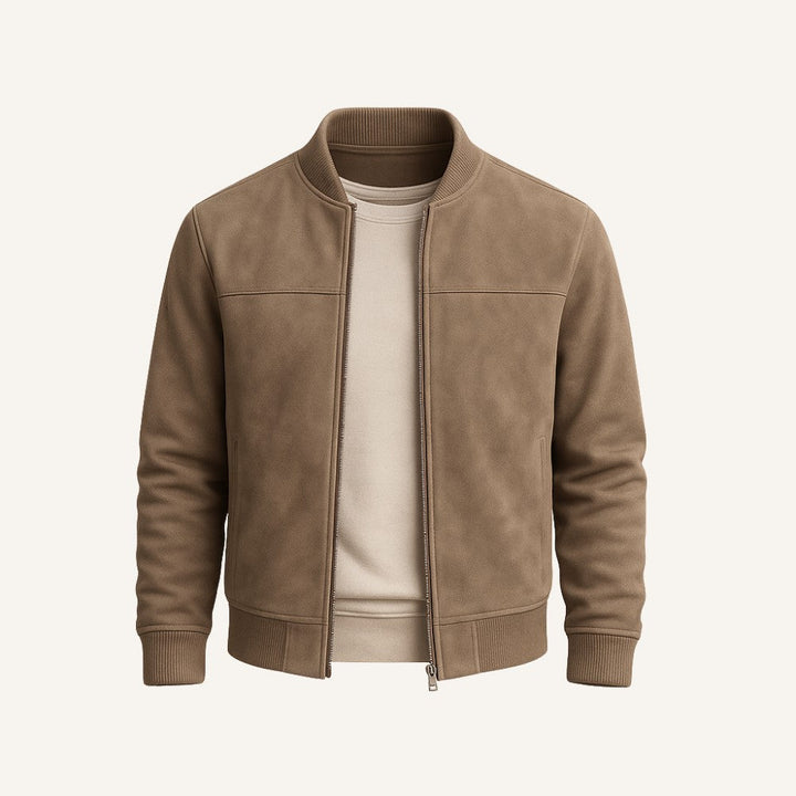 Stylish men's all-season suede zip-up jacket, perfect for layering & versatile outerwear.