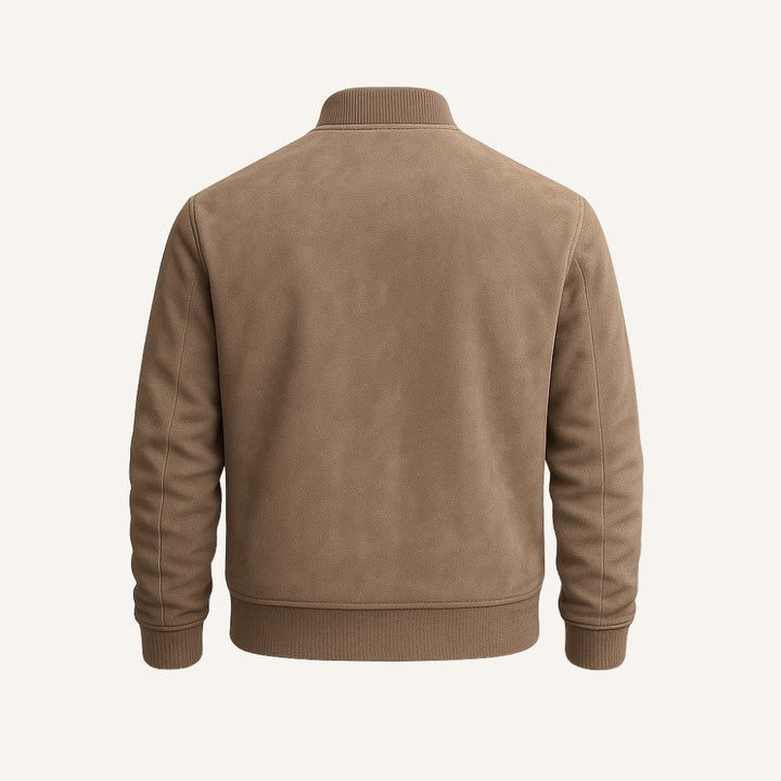 Men's casual suede zip-up jacket featuring ribbed cuffs and collar for a classic everyday look.